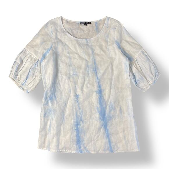 Boho Chic Linen Tie-Dyed Blouse‎ Womens Size XS Blue White Bohemian - Picture 1 of 7